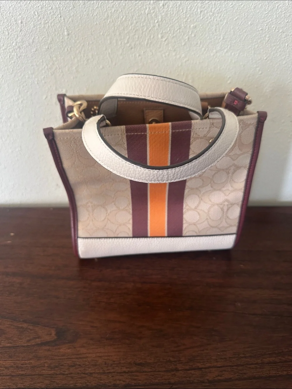 Coach Small Signature Tote with Burgundy & Orange Stripe Accents
